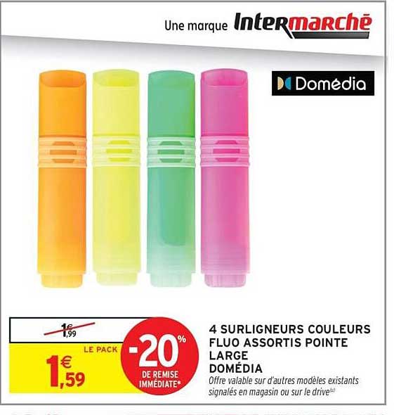 4 SURLIGNEURS COULEURS FLUO ASSORTIS POINTE LARGE DOMÉDIA