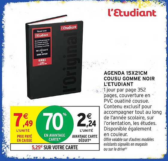 AGENDA 15X21CM COUSU GOMME NOIR L'ETUDIANT