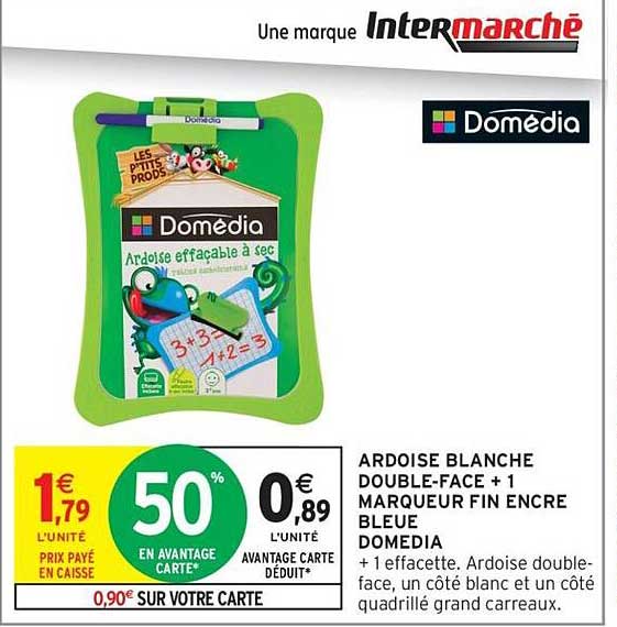 ARDOISE BLANCHE DOUBLE-FACE + 1 MARQUEUR FIN ENCRE BLEUE DOMEDIA + 1 effacette. Ardoise double-face, un côté blanc et un côté quadrillé grand carreaux.