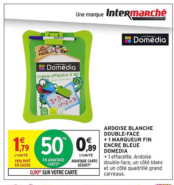 ARDOISE BLANCHE DOUBLE-FACE + 1 MARQUEUR FIN ENCRE BLEUE DOMEDIA