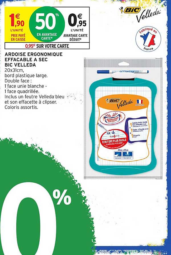 ARDOISE ERGONOMIQUE EFFACABLE A SEC BIC VELLEDA