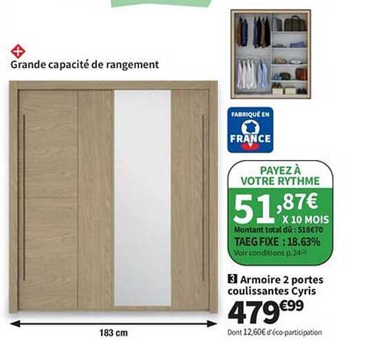 Armoire 2 portes coulissantes Cyris