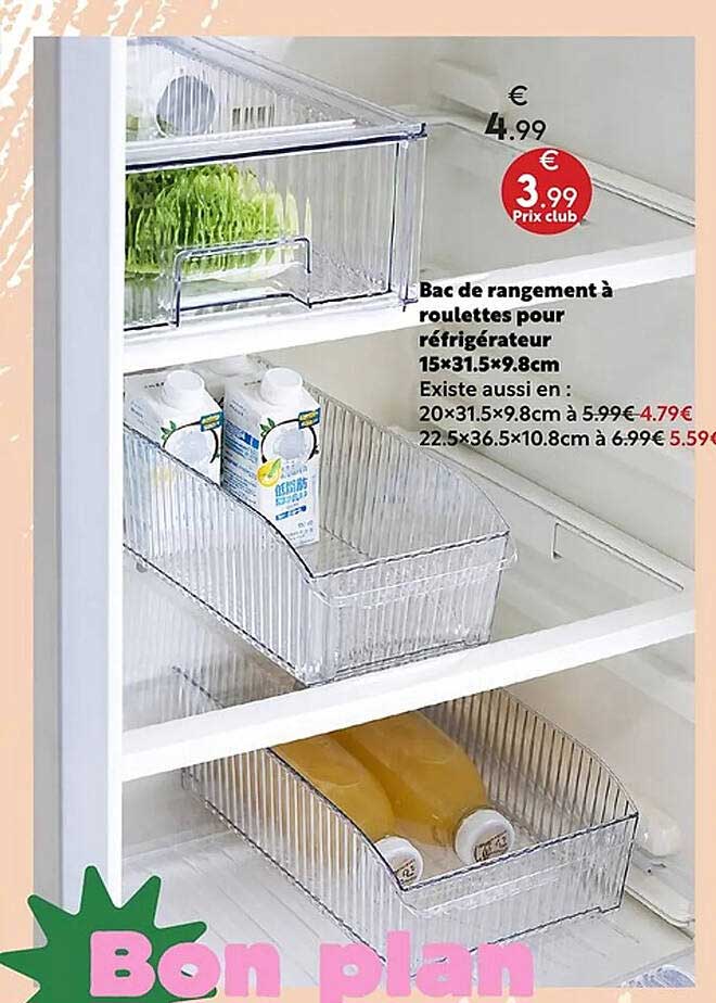 Bac de rangement à roulettes pour réfrigérateur 15×31.5×9.8cm