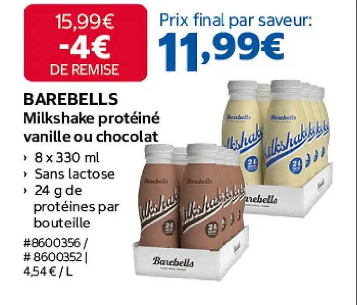 BAREBELLS Milkshake protéiné vanille ou chocolat