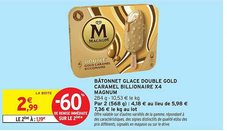 BÂTONNET GLACE DOUBLE GOLD CARAMEL BILLIONAIRE X4 MAGNUM