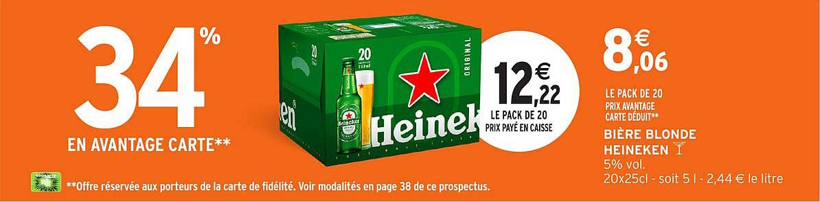 BIÈRE BLONDE HEINEKEN 5% vol. 20x25cl - soit 5 l - 2,44 € le litre