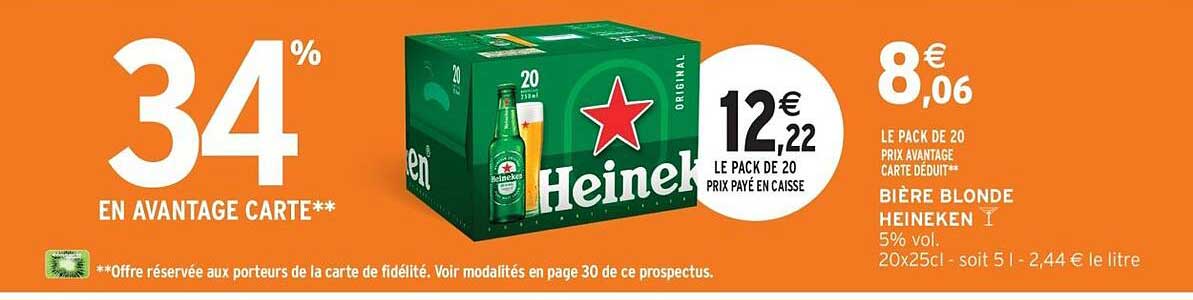 BIÈRE BLONDE HEINEKEN 5% vol. 20x25cl - soit 5 l - 2,44 € le litre