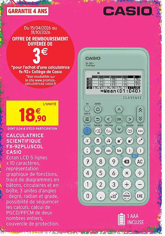 CALCULATRICE SCIENTIFIQUE FX-92PLUSCOL CASIO