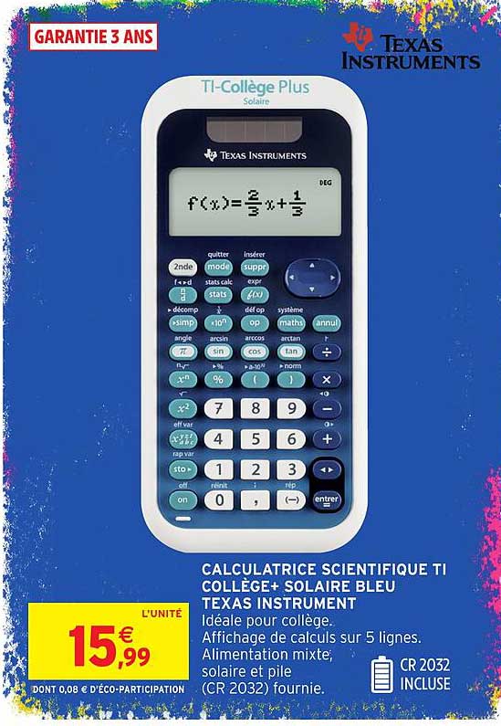 CALCULATRICE SCIENTIFIQUE TI COLLEGE+ SOLAIRE BLEU TEXAS INSTRUMENT
