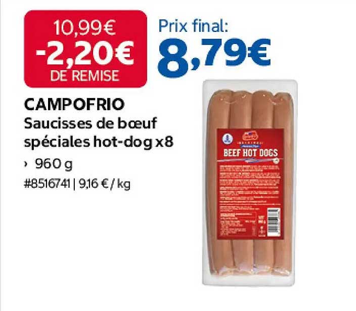 CAMPOFRIO Saucisses de boeuf spéciales hot-dog x8