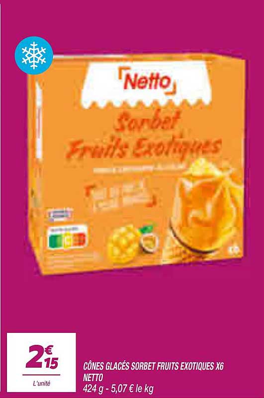 CÔNES GLACÉS SORBET FRUITS EXOTIQUES X6 NETTO