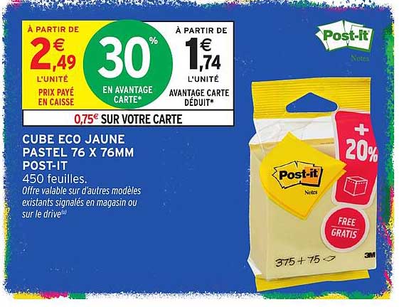 CUBE ECO JAUNE PASTEL 76 X 76MM POST-IT