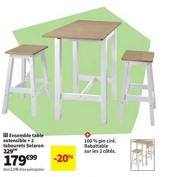 Ensemble table extensible + 2 tabourets Selaron