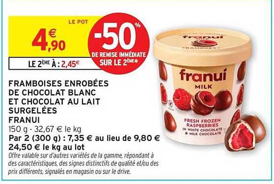 FRAMBOISES ENROBÉES DE CHOCOLAT BLANC ET CHOCOLAT AU LAIT SURGELÉES FRANUI