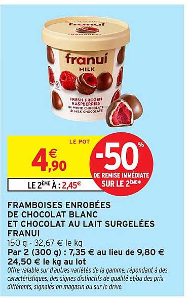 FRAMBOISES ENROBEES DE CHOCOLAT BLANC ET CHOCOLAT AU LAIT SURGELEES FRANUI