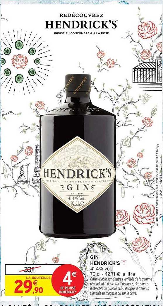GIN HENDRICK'S 41.4% vol. 70 cl - 42,71 € le litre