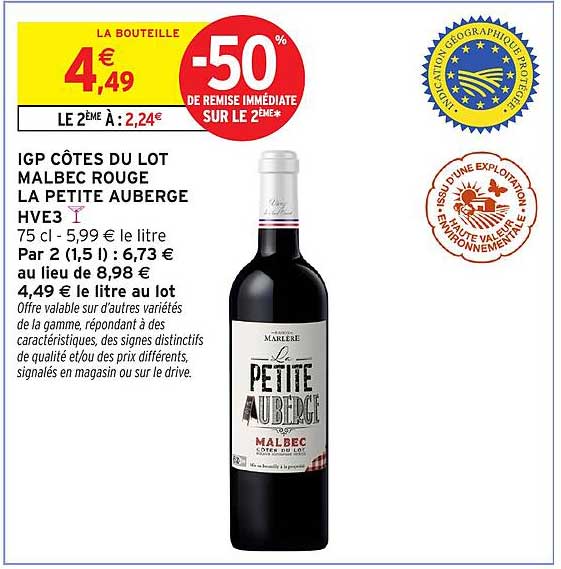 IGP CÔTES DU LOT MALBEC ROUGE LA PETITE AUBERGE HVE3