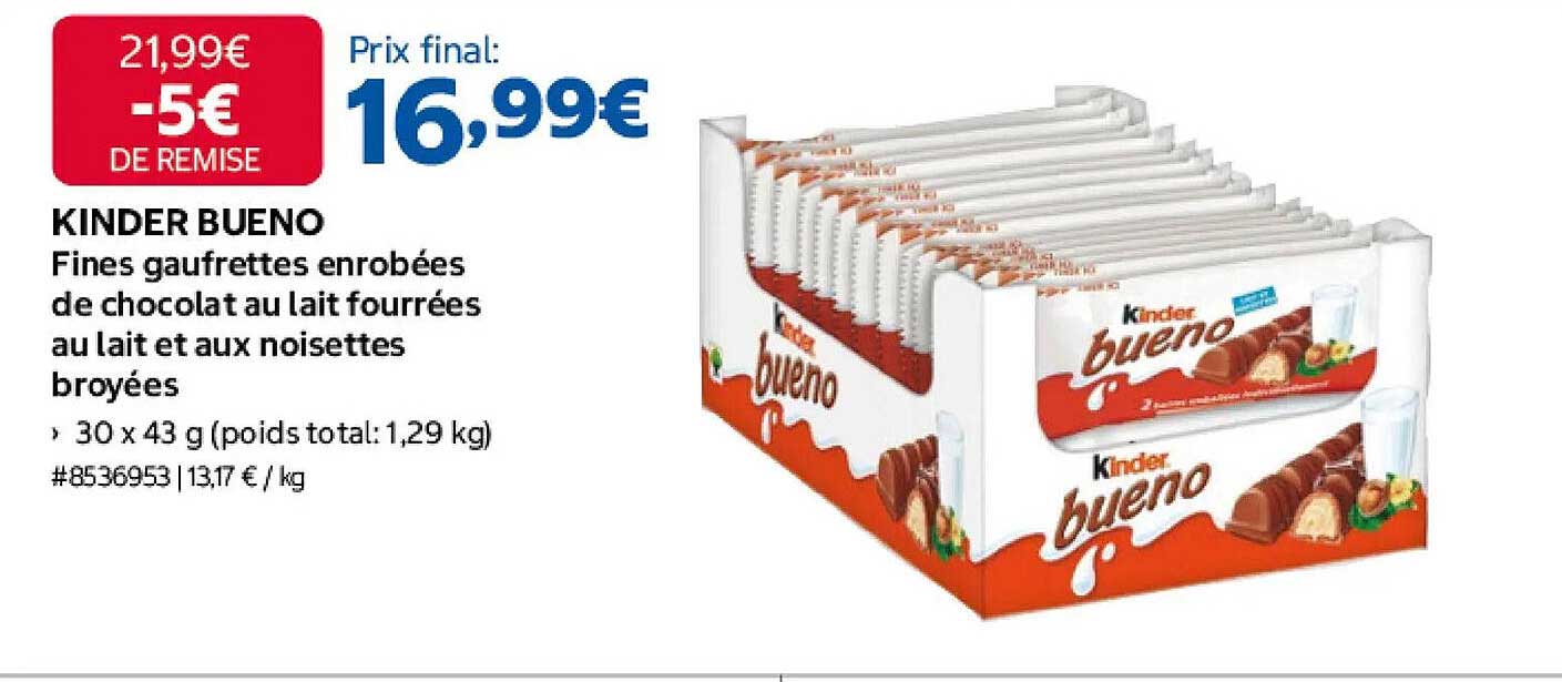 KINDER BUENO Fines gaufrettes enrobées de chocolat au lait fourrées au lait et aux noisettes broyées