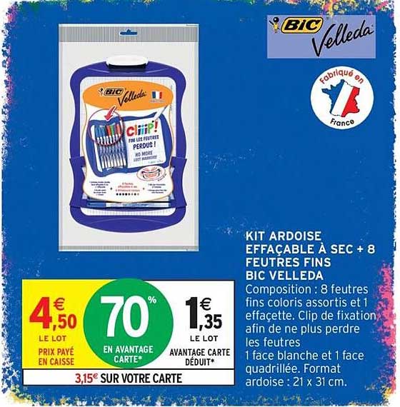 KIT ARDOISE EFFACABLE À SEC + 8 FEUTRES FINS BIC VELLEDA