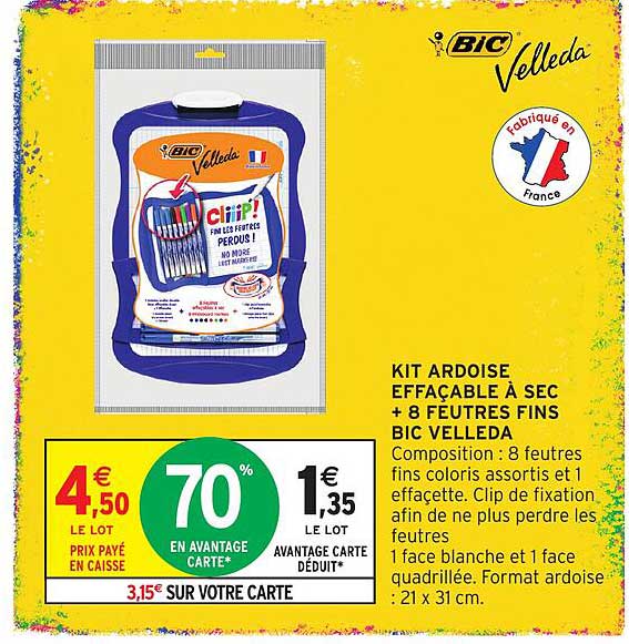 KIT ARDOISE EFFAÇABLE À SEC + 8 FEUTRES FINS BIC VELLEDA