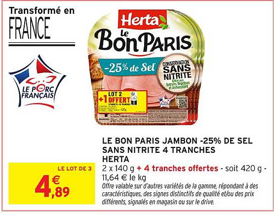 LE BON PARIS JAMBON -25% DE SEL SANS NITRITE 4 TRANCHES HERTA