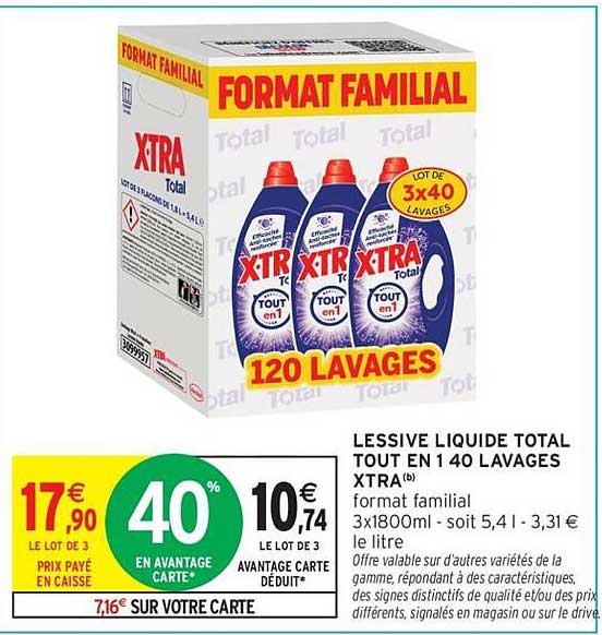 LESSIVE LIQUIDE TOTAL TOUT EN 1 40 LAVAGES XTRA(b) format familial 3x1800ml - soit 5,4 l - 3,31 € le litre