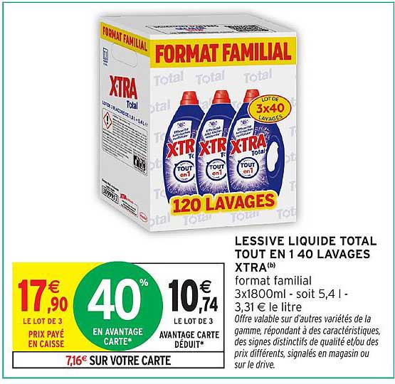 LESSIVE LIQUIDE TOTAL TOUT EN 1 40 LAVAGES XTRA(b) format familial 3x1800ml - soit 5,4 l -