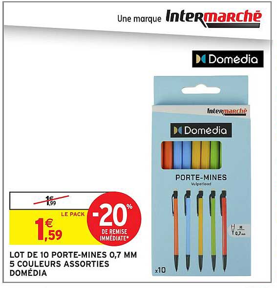 LOT DE 10 PORTE-MINES 0,7 MM 5 COULEURS ASSORTIES DOMEDIA