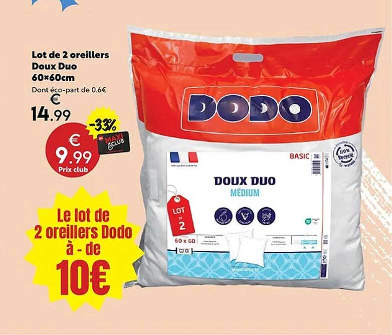 Lot de 2 oreillers Doux Duo 60×60cm