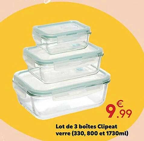 Lot de 3 boîtes clipéat verre (330, 800 et 1730ml)