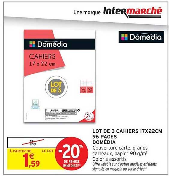 LOT DE 3 CAHIERS 17X22CM 96 PAGES DOMÉDIA