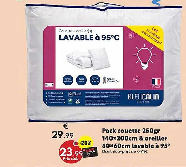 Pack couette 250gr 140*200cm & oreiller 60*60cm lavable à 95°
