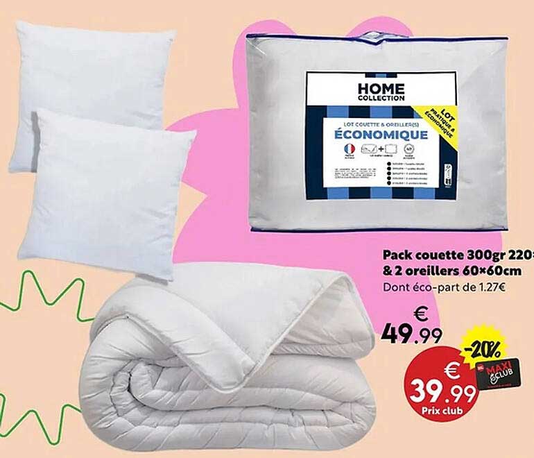 Pack couette 300gr 220x240 + 2 oreillers 60x60cm