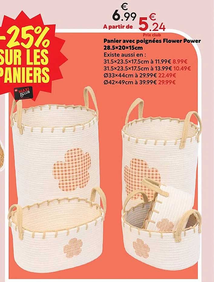 Panier avec poignées Flower Power 28.5×20×15cm