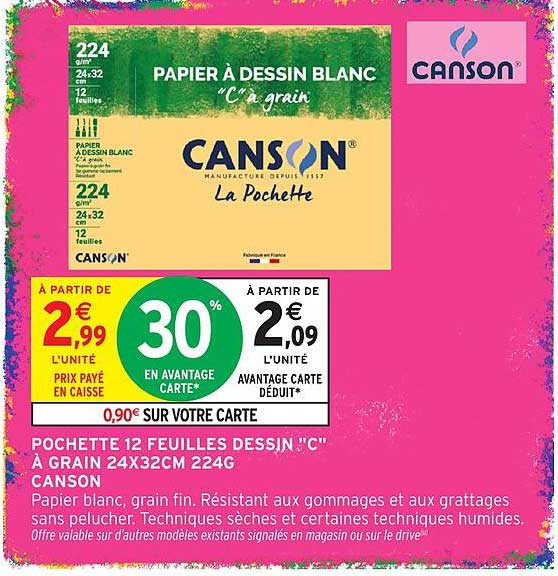 POCHETTE 12 FEUILLES DESSIN "C" GRAIN 24X32CM 224G CANSON