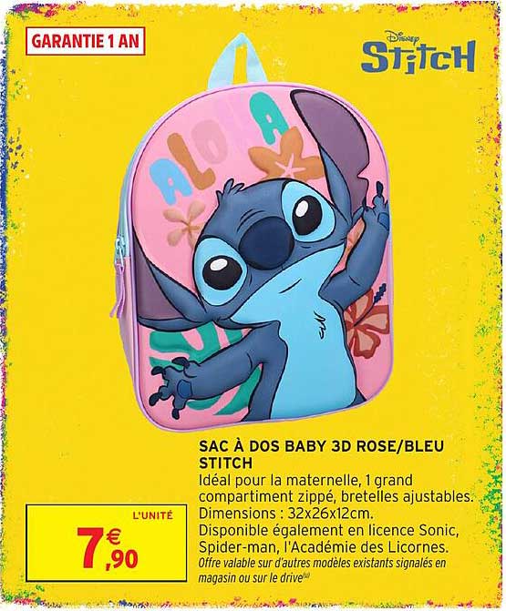 SAC À DOS BABY 3D ROSE/BLEU STITCH
