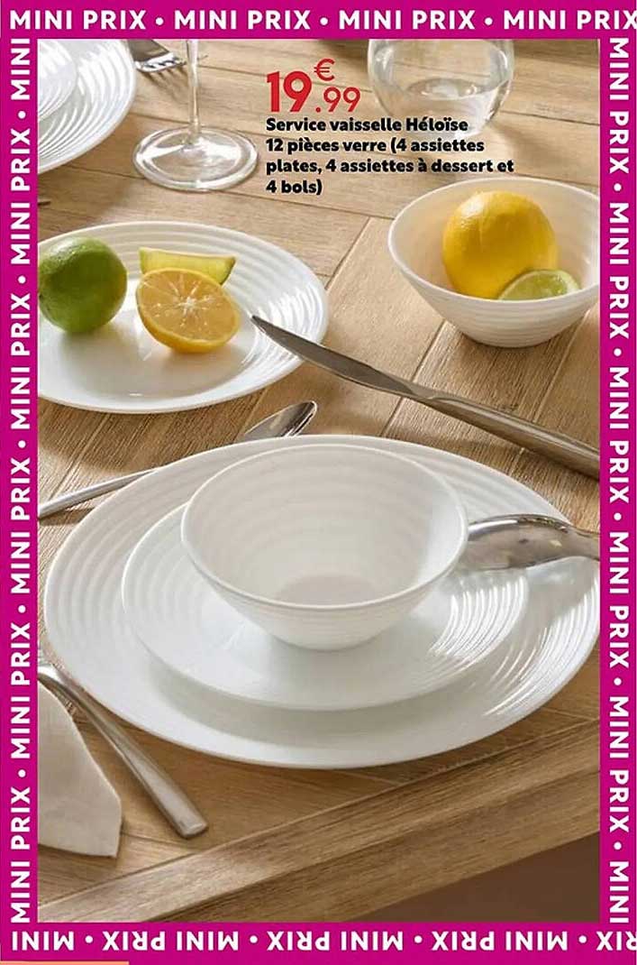 Service vaisselle Héloïse 12 pièces verre (4 assiettes plates, 4 assiettes à dessert et 4 bols)