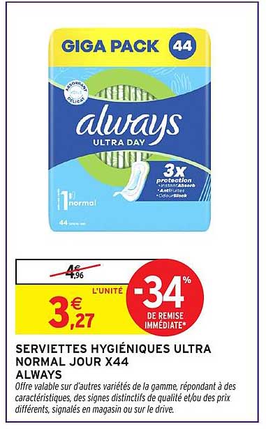 SERVIETTES HYGIÉNIQUES ULTRA NORMAL JOUR X44 ALWAYS