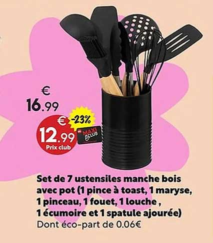 Set de 7 ustensiles manche bois avec pot (1 pince à toast, 1 maryse, 1 pince, 1 fouet, 1 louche, 1 écumoire et 1 spatule ajourée)