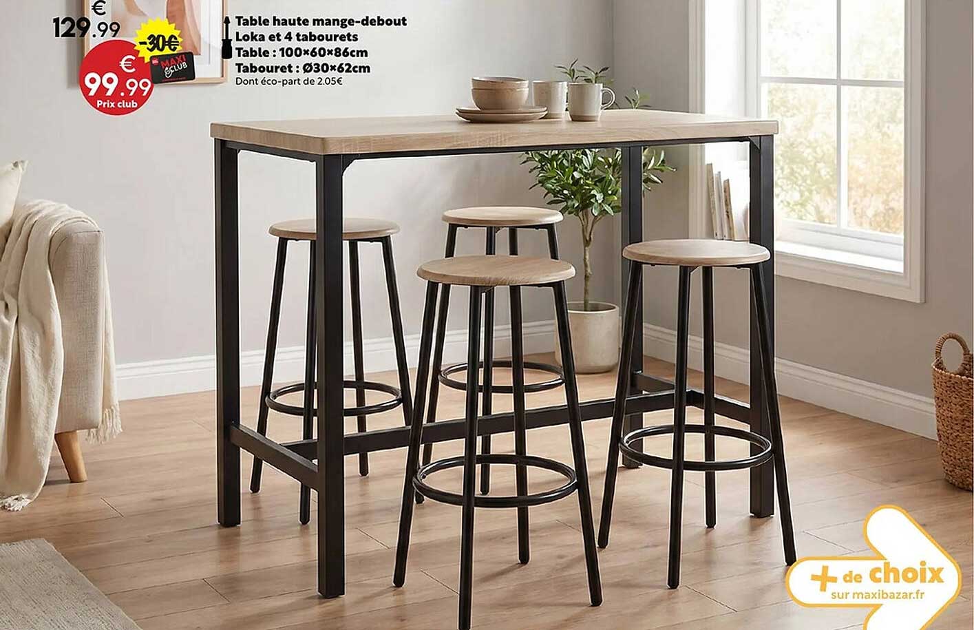 Table haute mange-debout Loka et 4 tabourets