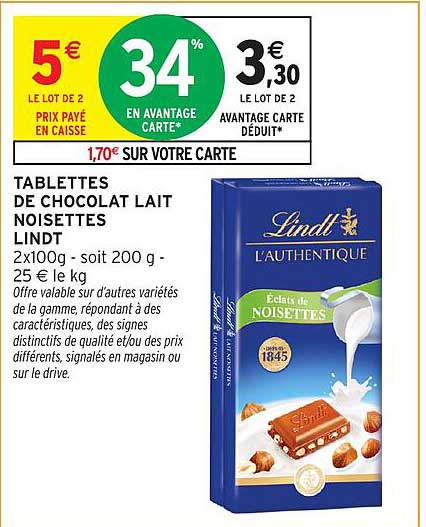 TABLETTES DE CHOCOLAT LAIT NOISETTES LINDT
