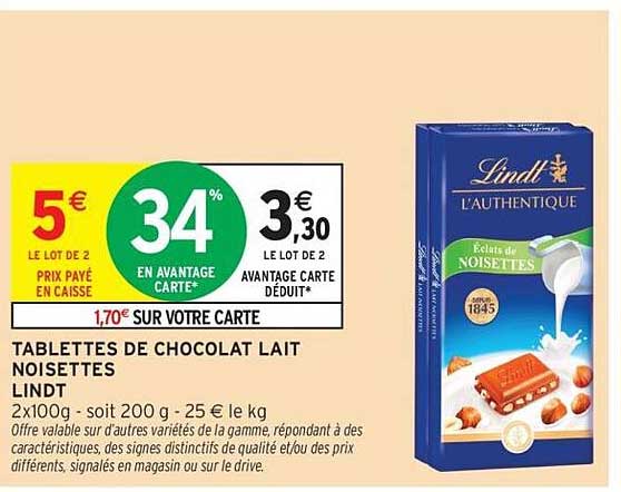 TABLETTES DE CHOCOLAT LAIT NOISETTES LINDT