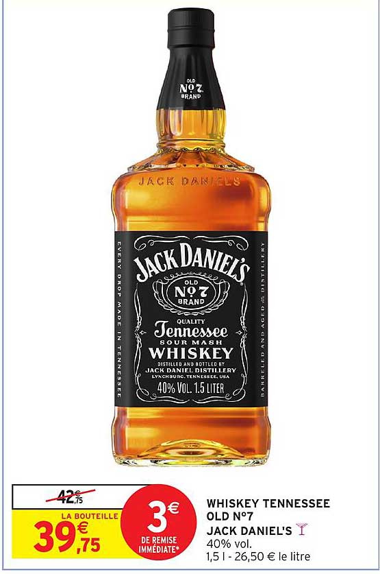 WHISKEY TENNESSEE OLD N°7 JACK DANIEL'S 40% vol. 1,5 l - 26,50 € le litre
