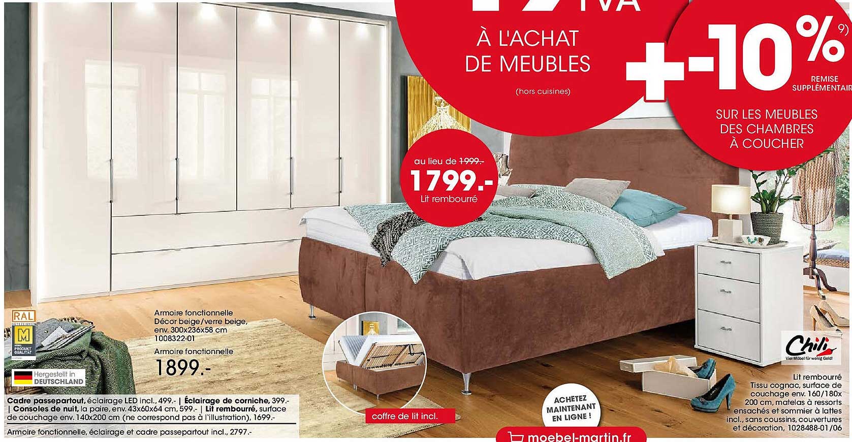 17% de TVA à l'achat de meubles (hors cuisines) +10% remise supplémentaire sur les meubles des chambres à coucher