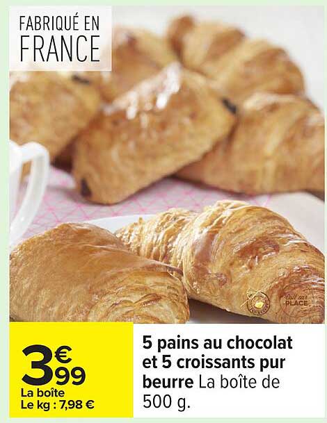 5 pains au chocolat et 5 croissants pur beurre La boîte de 500 g.