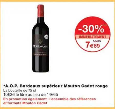 A.O.P. Bordeaux supérieur Mouton Cadet rouge