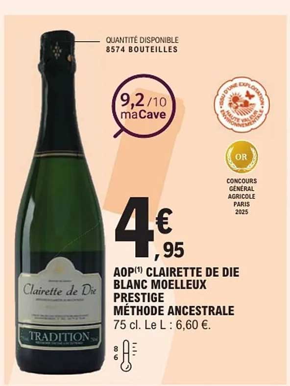 AOP(1) CLAIRETTE DE DIE BLANC MOELLEUX PRESTIGE MÉTHODE ANCESTRALE