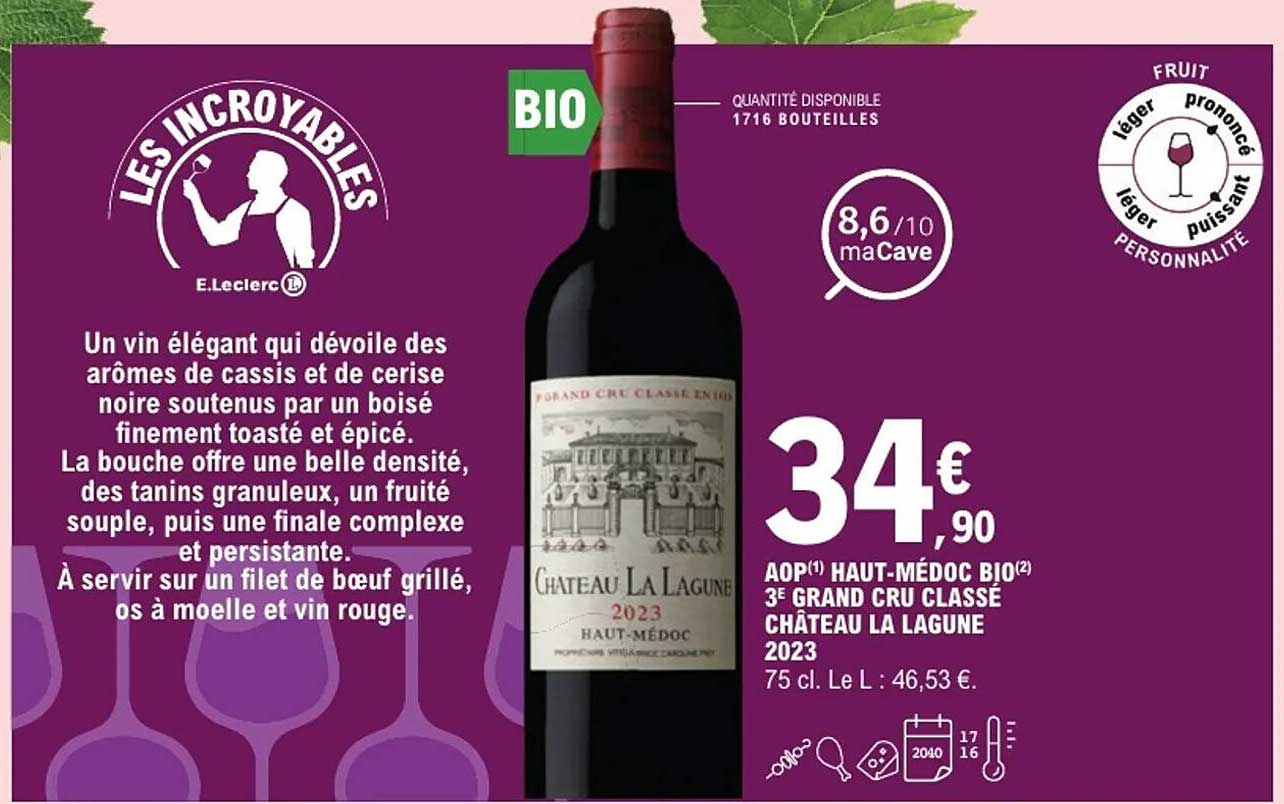 AOP(1) HAUT-MÉDOC BIO(2) 3ᵉ GRAND CRU CLASSé CHÂTEAU LA LAGUNE 2023