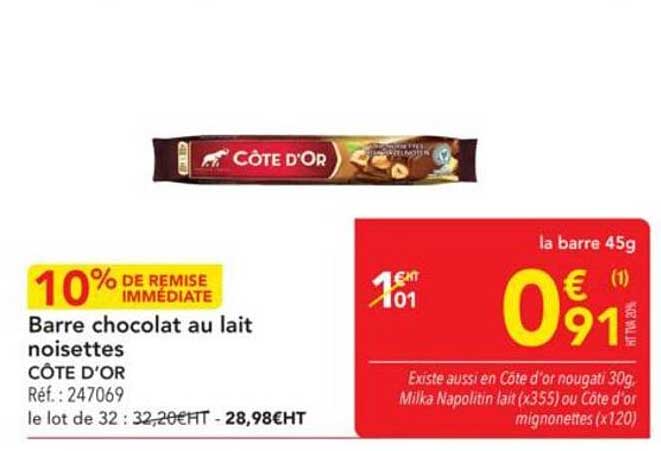 Barre chocolat au lait noisettes CÔTE D’OR