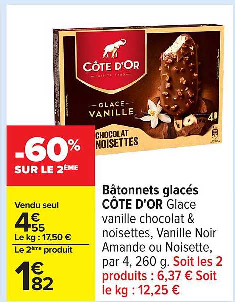Bâtonnets glacés CÔTE D'OR Glace vanille chocolat & noisettes